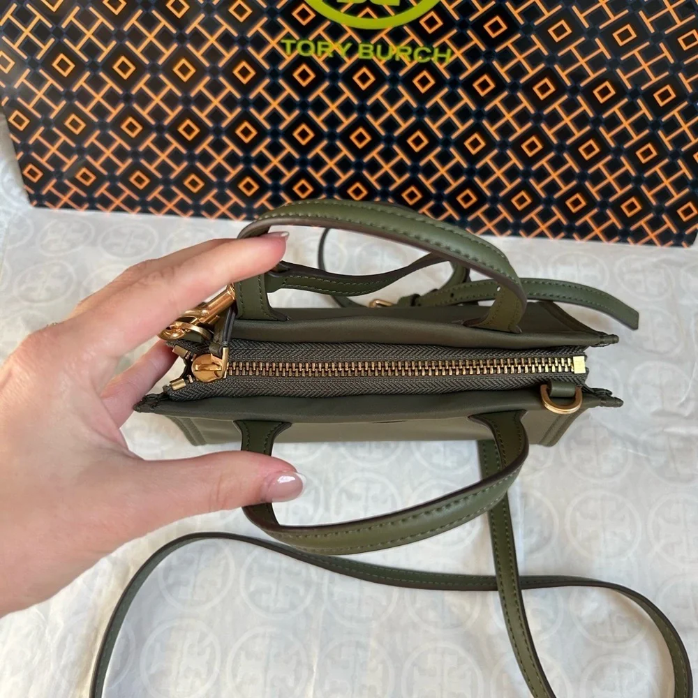 Tory Burch Ella Nylon Mini Tote Bag Crossbody Palm Leaf Gold Green